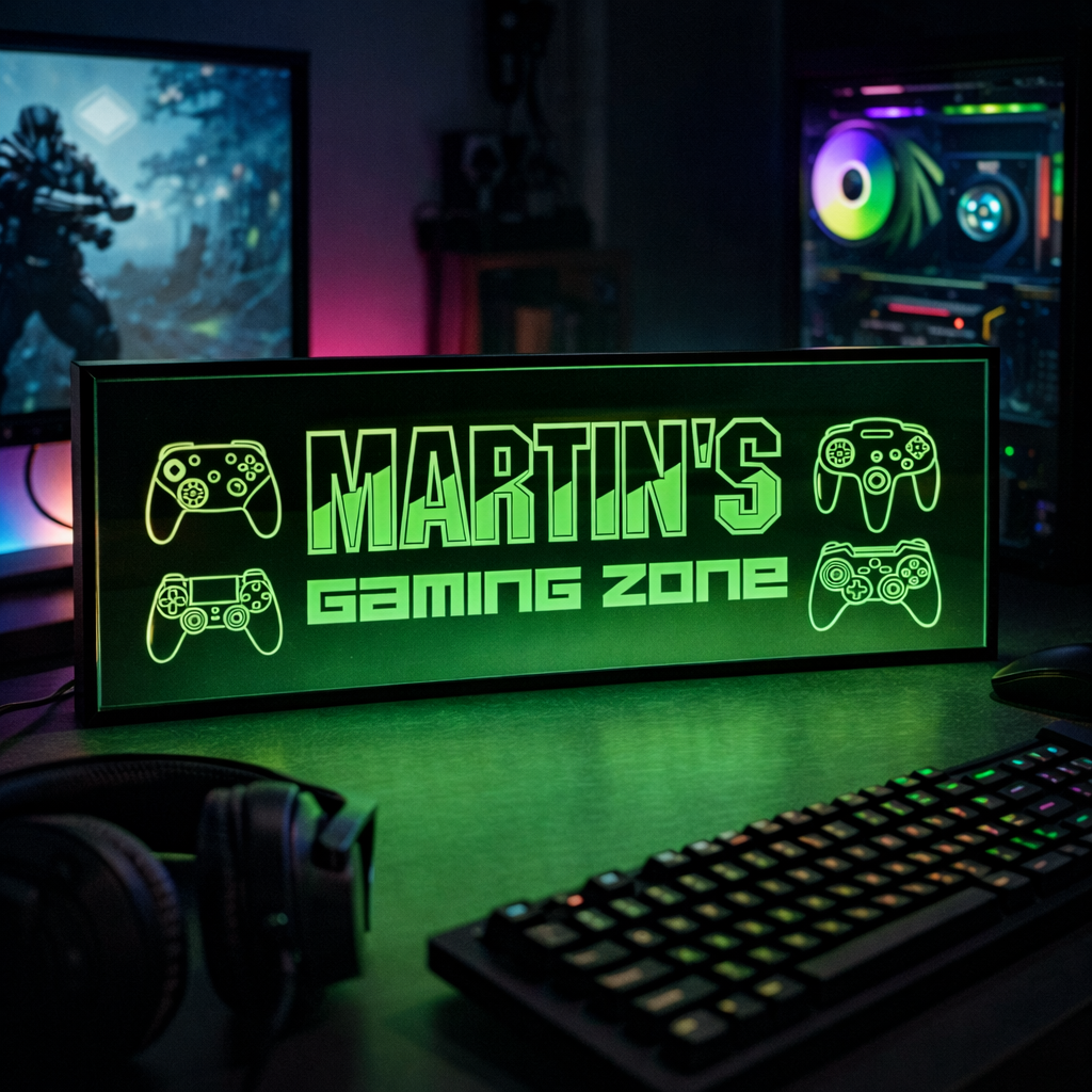 green neon glowing personalised gaming led sign on a gaming desk