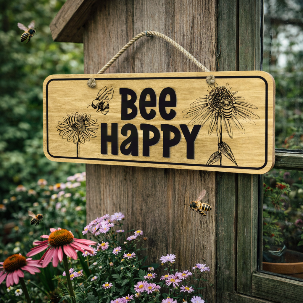 WOODEN GARDEN SIGN WITH BEE ILLUSTRATIONS AND BEE PUN PRINTED