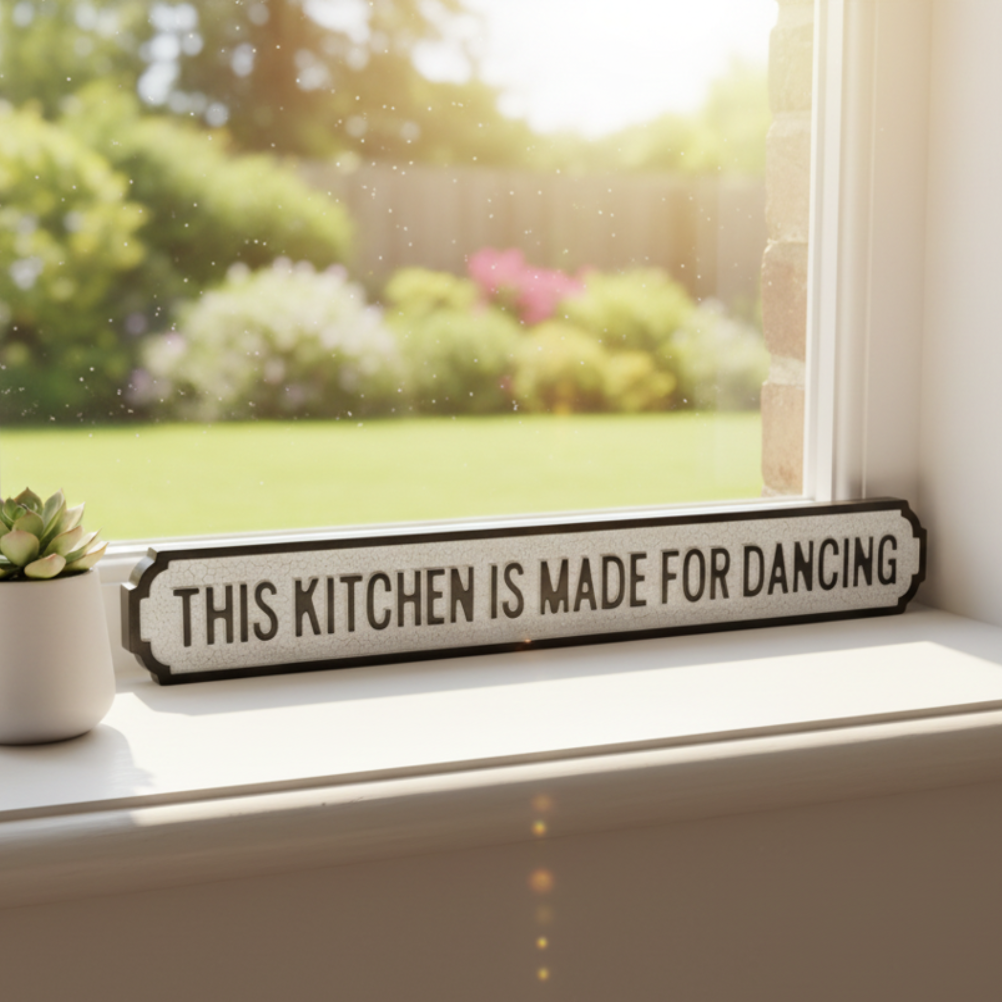 vintage effect street style sign on a sunny windowsill with 'this kitchen is made for dancing' wording