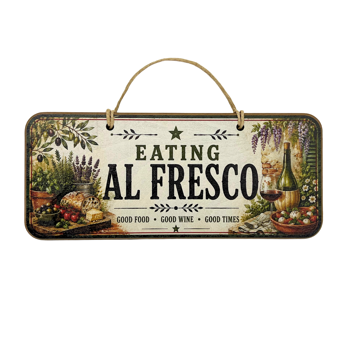 A rectangular hanging wall sign with a rustic vintage design. The sign features a beige background with the text 'EATING AL FRESCO' in black, surrounded by illustrations of food and wine, including grapes, bread, a bottle of wine, and a glass of red wine.