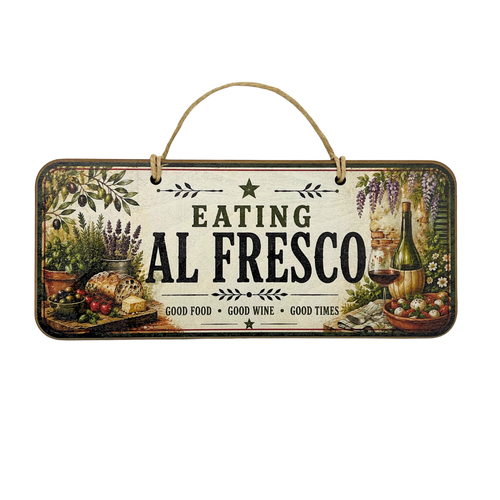 A rectangular hanging wall sign with a rustic vintage design. The sign features a beige background with the text 'EATING AL FRESCO' in black, surrounded by illustrations of food and wine, including grapes, bread, a bottle of wine, and a glass of red wine.