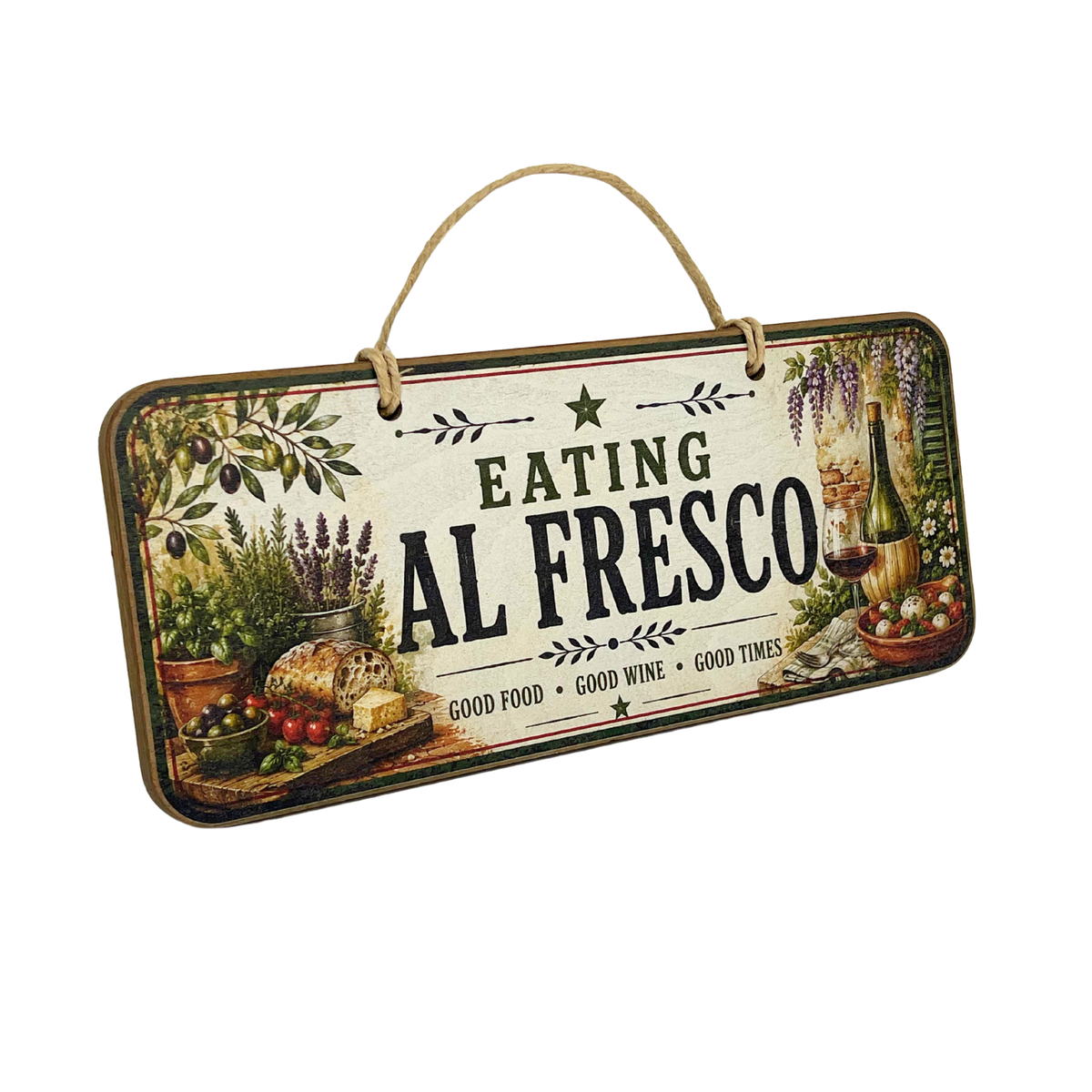 A rectangular hanging wall sign with a rustic vintage design. The sign features the text 'EATING AL FRESCO' in bold black letters over an off-white background, decorated with illustrations of fresh produce, flowers, and a wine bottle.