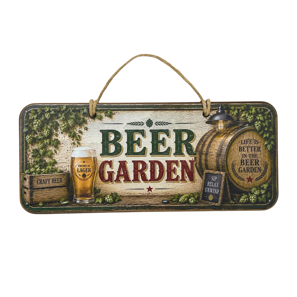 A rectangular hanging wall sign with a rustic beer garden theme. The sign features the words 'BEER GARDEN' in large green and red letters on a weathered wood background, with illustrations of a beer glass, a wooden barrel, hops, and a hanging rope at the top.