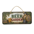 A rectangular hanging wall sign with a rustic beer garden theme. The sign features the words 'BEER GARDEN' in large green and red letters on a weathered wood background, with illustrations of a beer glass, a wooden barrel, hops, and a hanging rope at the top.