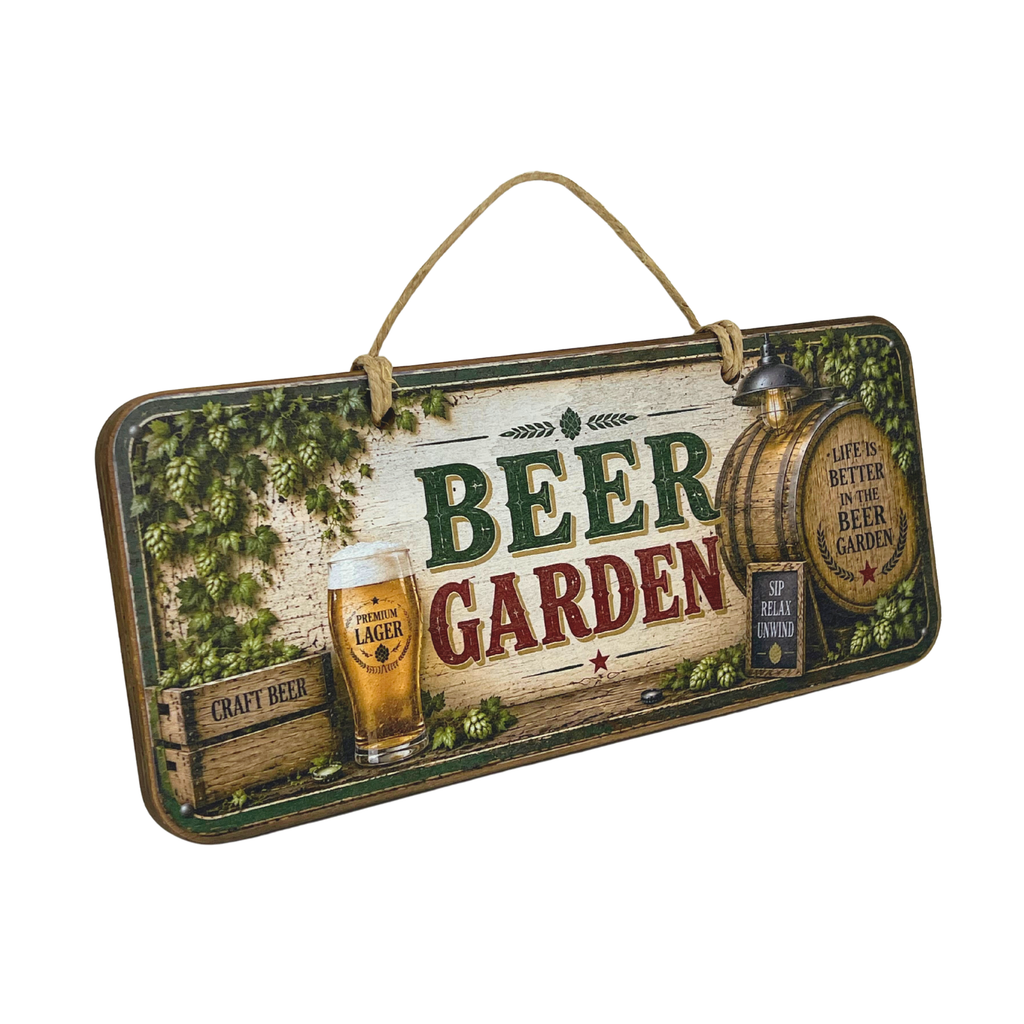 A rectangular hanging wall sign with a rustic beer garden theme. The sign features the words 'BEER GARDEN' in large green and red letters over a weathered wood background, decorated with illustrations of hop leaves, a pint of beer, a wooden barrel, and a hanging rope at the top.