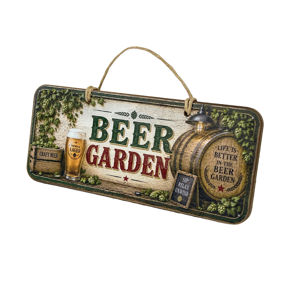 A rectangular hanging decorative sign with a rustic beer garden theme. The sign features the words 'BEER GARDEN' in large green and red letters over a weathered wood background, with illustrations of a wooden barrel, a glass of beer, hops, and a small sign reading 'Life is better in the Beer Garden.