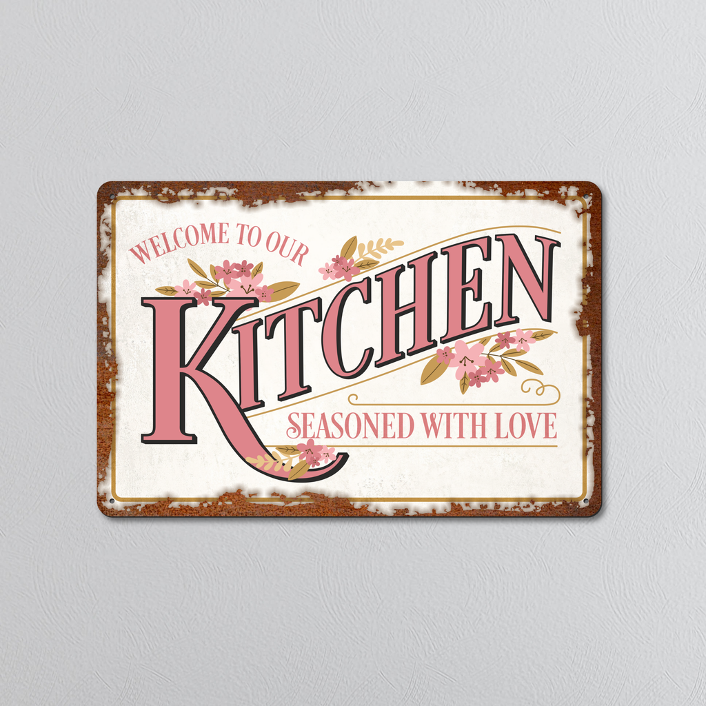 Welcome To Our Kitchen in Pink | Rustic Effect Metal Sign