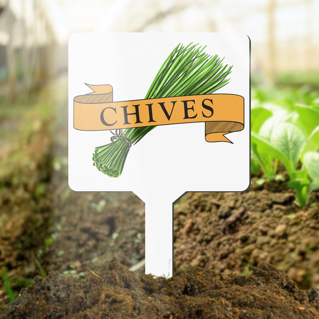 Garden marker with 'Chives' text and chive illustration in a garden setting