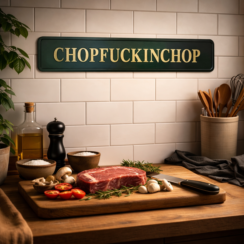 Black street sign with 'CHOPUCKINCHOP' gold text in a kitchen setting