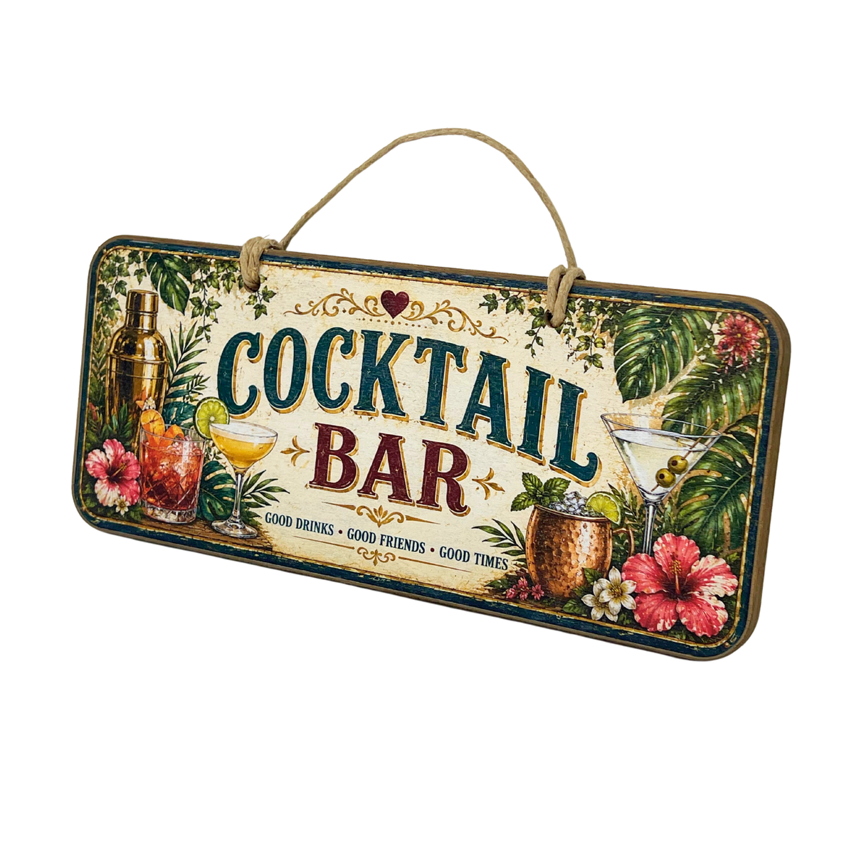 A rectangular hanging wall sign with a rustic tropical cocktail bar theme. The sign features the words 'COCKTAIL BAR' in large blue and red letters on a cream background, surrounded by illustrations of palm leaves, hibiscus flowers, a cocktail shaker, a pink drink, a copper mug, and a martini glass.