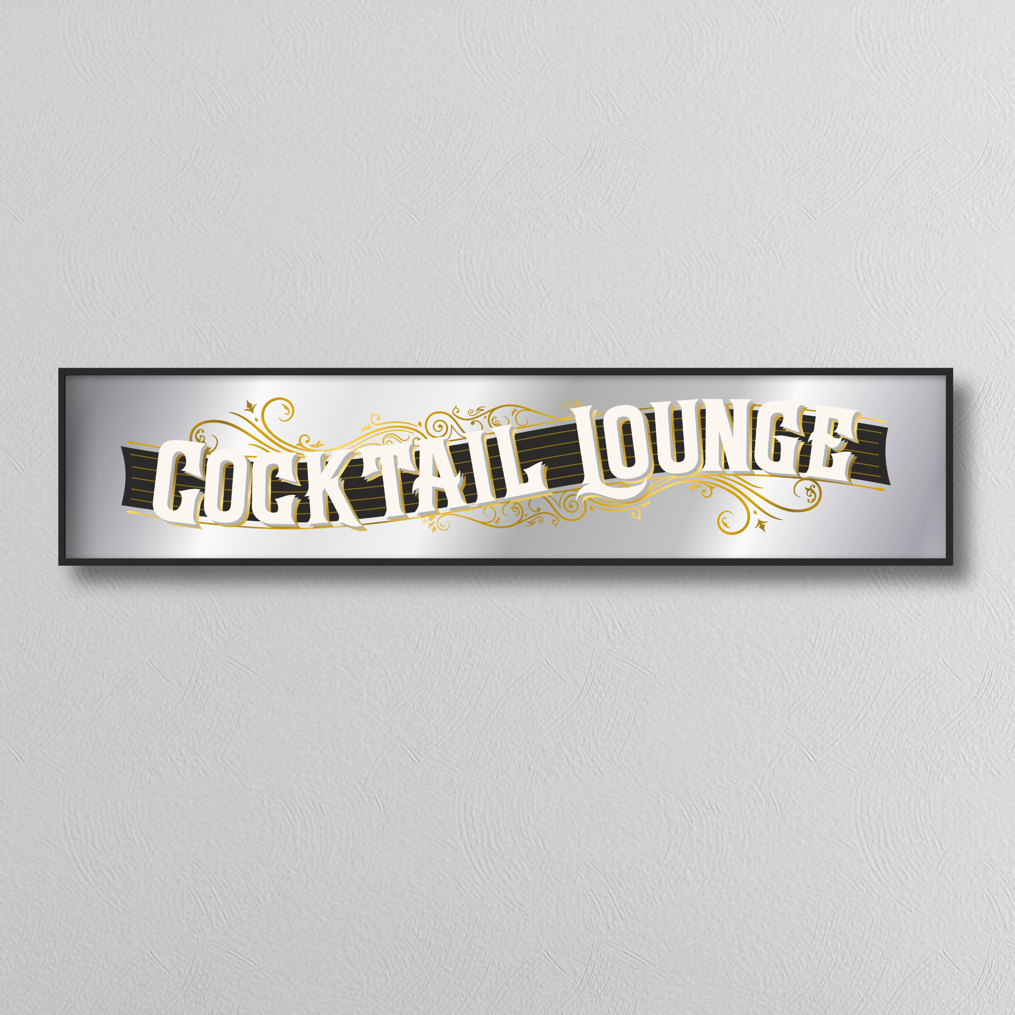 Decorative mirror sign with 'Cocktail Lounge' art deco style text on a light gray background