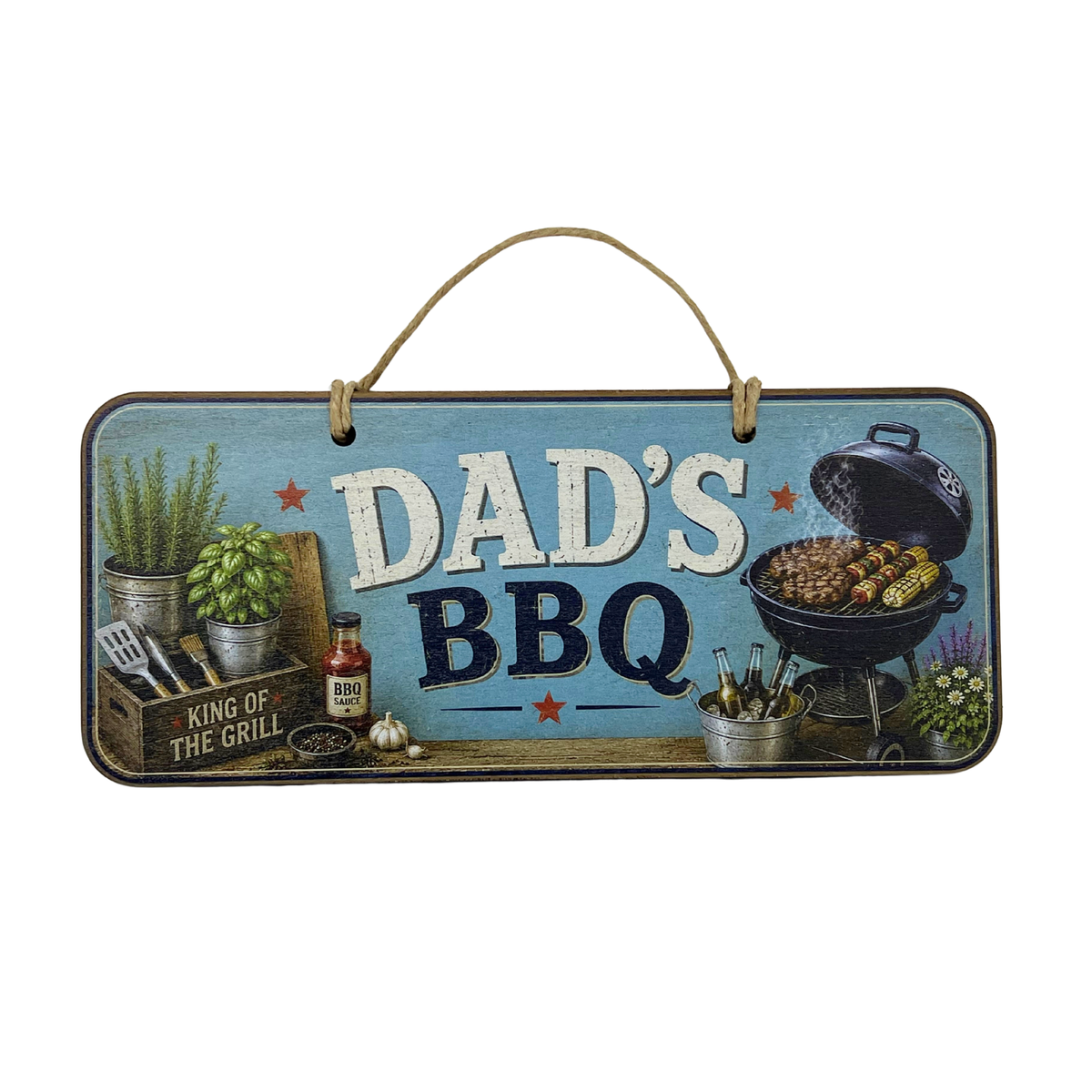 A rectangular hanging wall sign with a rustic BBQ theme. The sign features a light blue background with the words 'DAD'S BBQ' in large white and navy letters, surrounded by illustrations of a grill, herbs, garlic, and grilling tools.