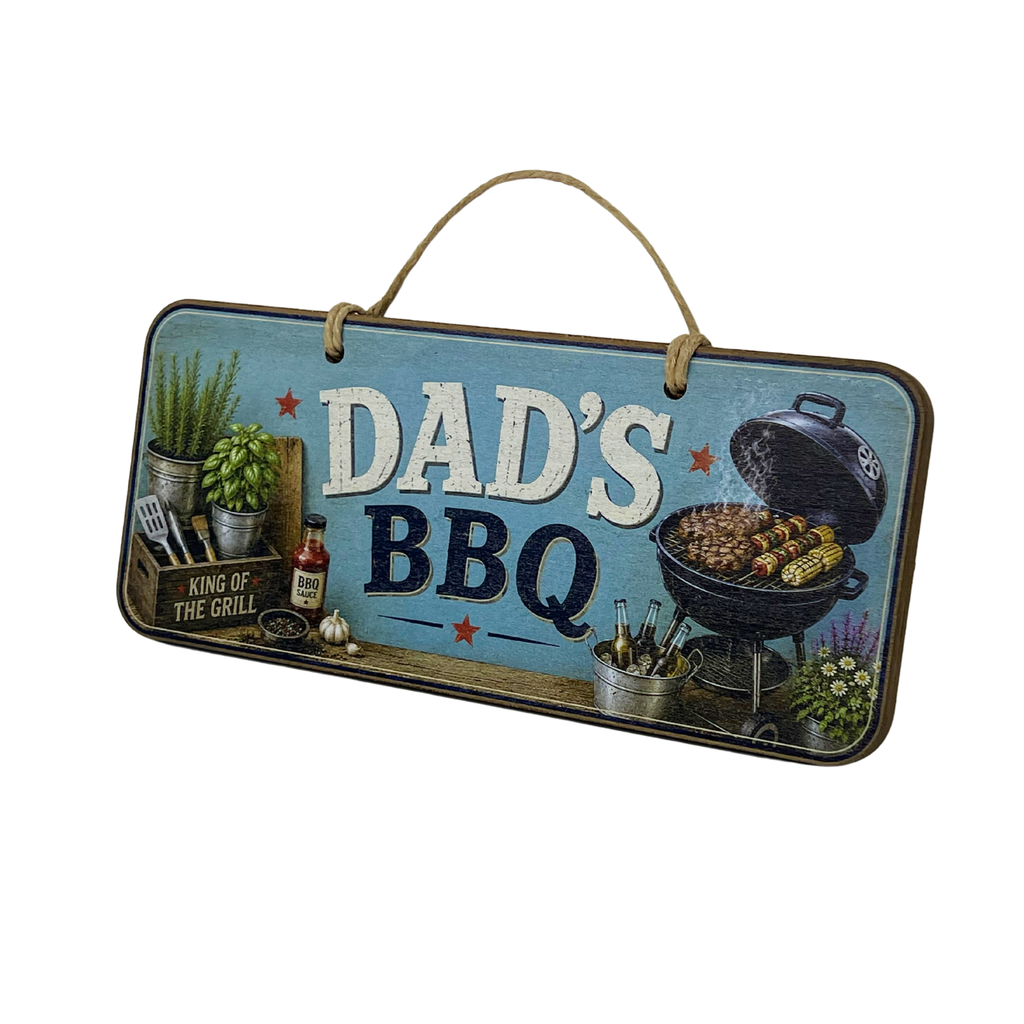 A rectangular hanging wall sign with a rustic BBQ theme. The sign has a light blue background with the words 'DAD'S BBQB' in large white and dark blue letters, decorated with illustrations of a grill, plants, and cooking utensils.