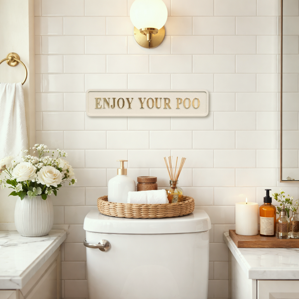 Stylish bathroom with cream and gold sign saying 'ENJOY YOUR POO'