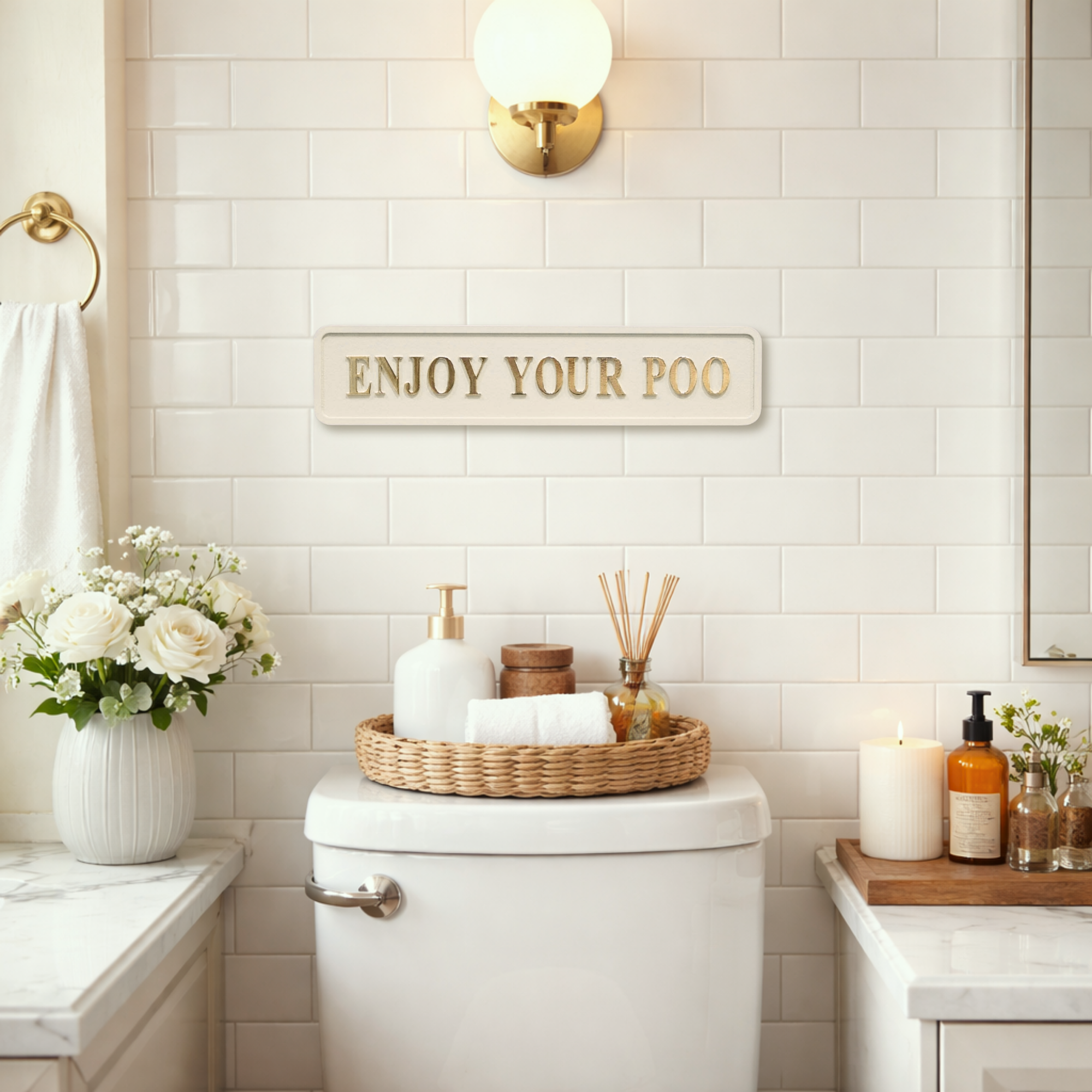 Stylish bathroom with cream and gold sign saying 'ENJOY YOUR POO'