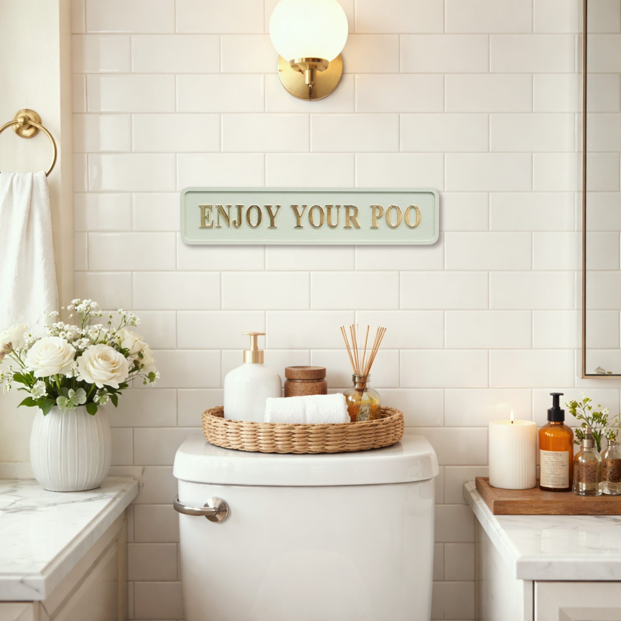 Bathroom with decorative sign 'ENJOY YOUR POO' on the wall, white tiles, and bathroom items.