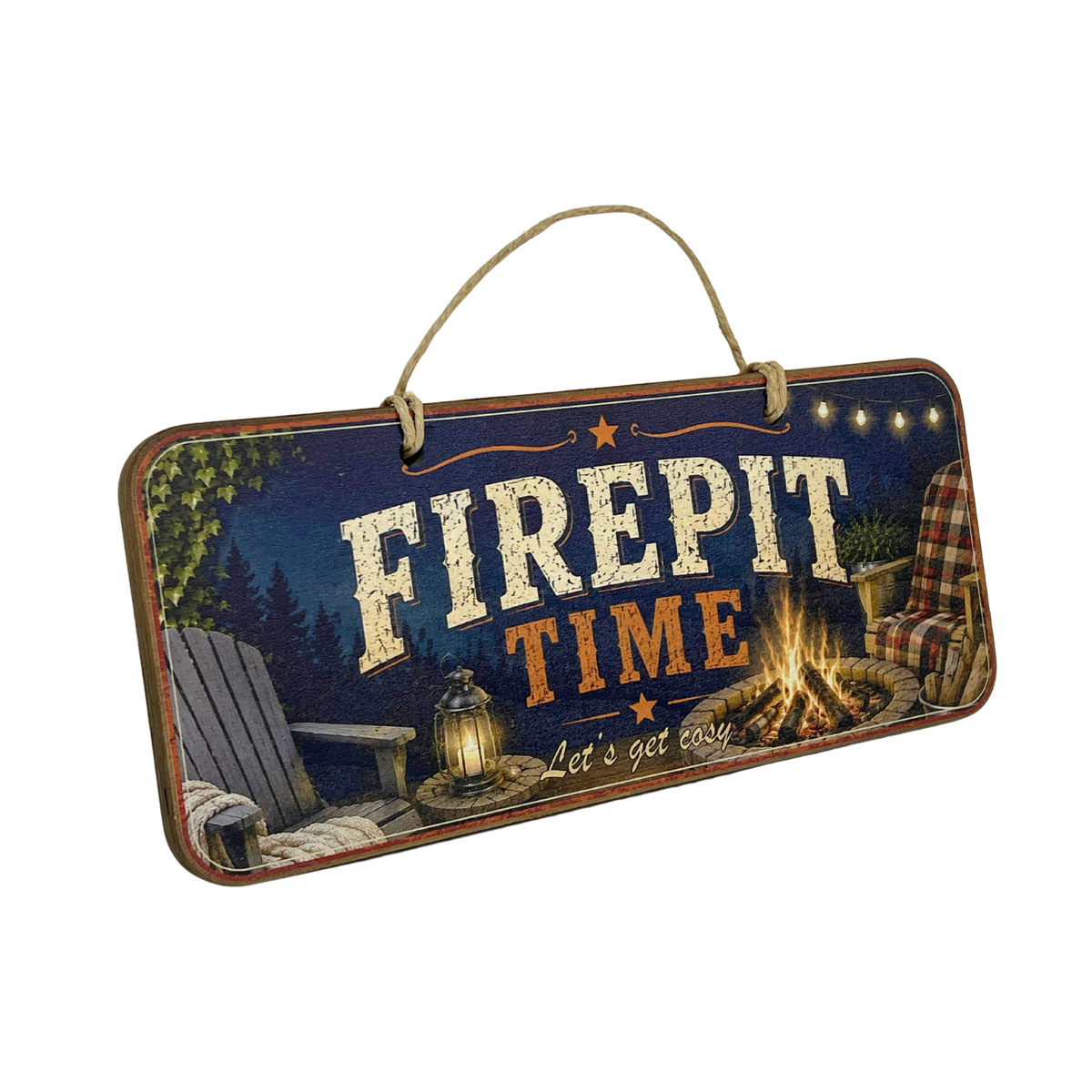 A rectangular hanging wall sign with a rustic fire pit scene. The sign features the words 'FIREPIT TIME' in large distressed letters, with 'Let's get cozy' below.