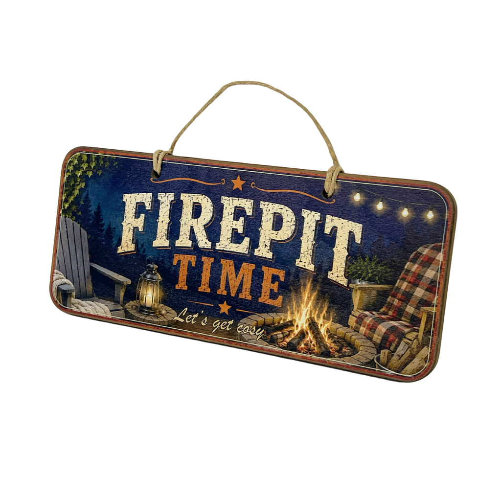 A rectangular hanging wooden sign with rounded corners, featuring the words “FIREPIT TIME” in large distressed lettering over a campfire scene. The sign includes a rope hanger at the top, string lights, chairs, a lantern, and a plaid armchair, shown on a plain white background.