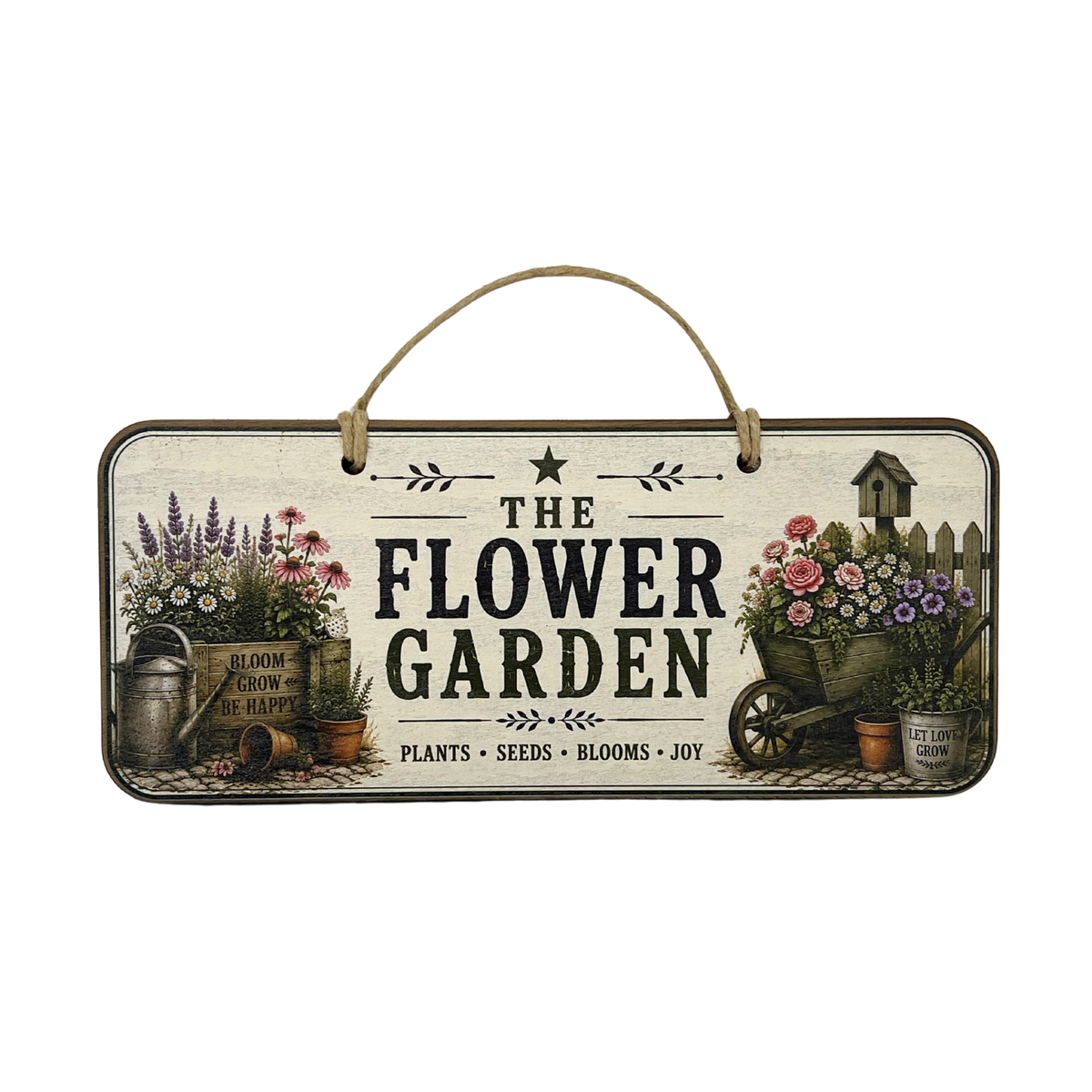 A rectangular hanging garden sign with a rope handle, featuring the words “THE FLOWER GARDEN” in large black letters, with floral arrangements, pots, a wheelbarrow, and small decorative illustrations on a distressed cream background.