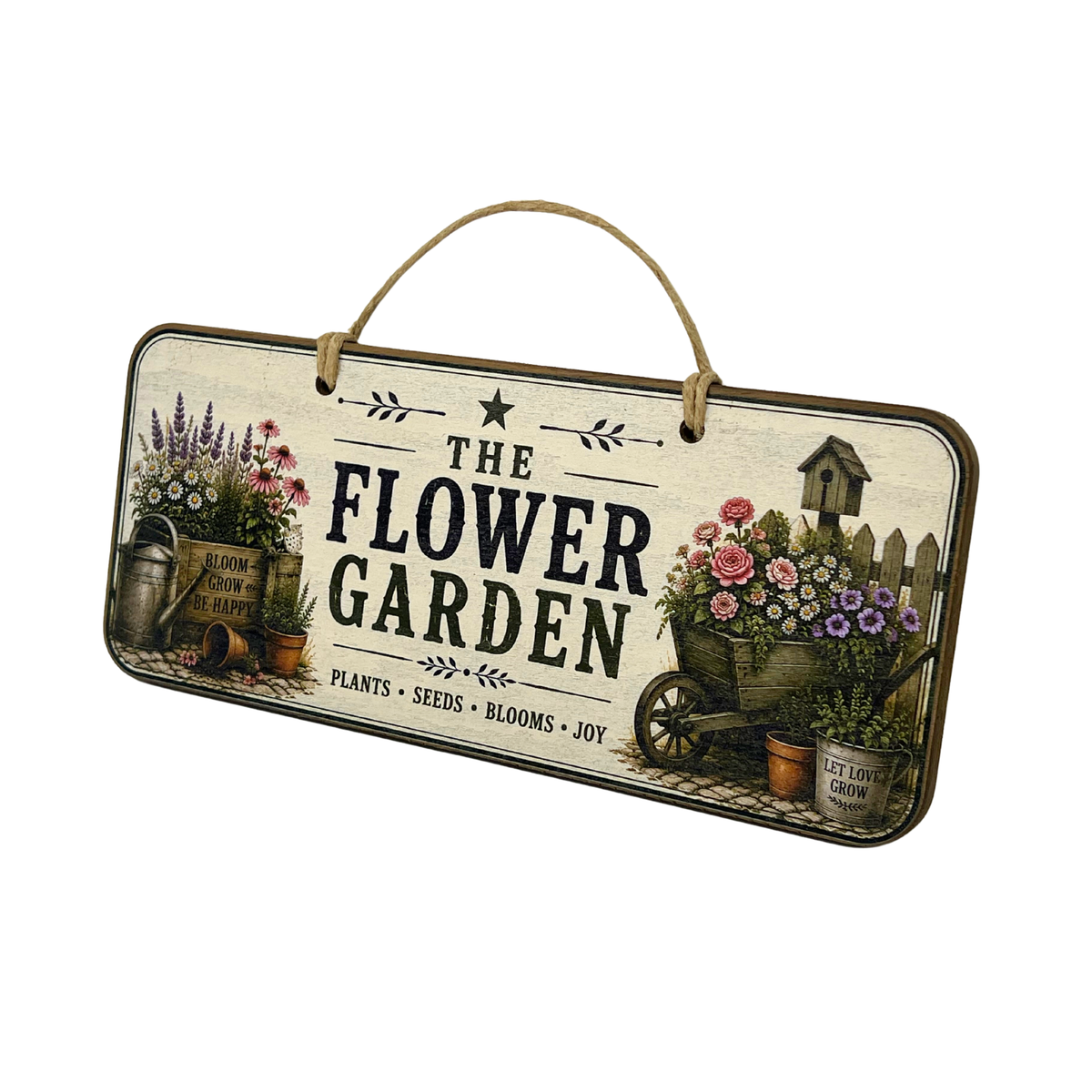 A rectangular hanging wooden sign with a rustic weathered cream background and a natural twine loop at the top. The sign features the words “THE FLOWER GARDEN” in large black letters, surrounded by illustrated garden elements including a watering can, potted flowers, a cart, a birdhouse, and small plants.