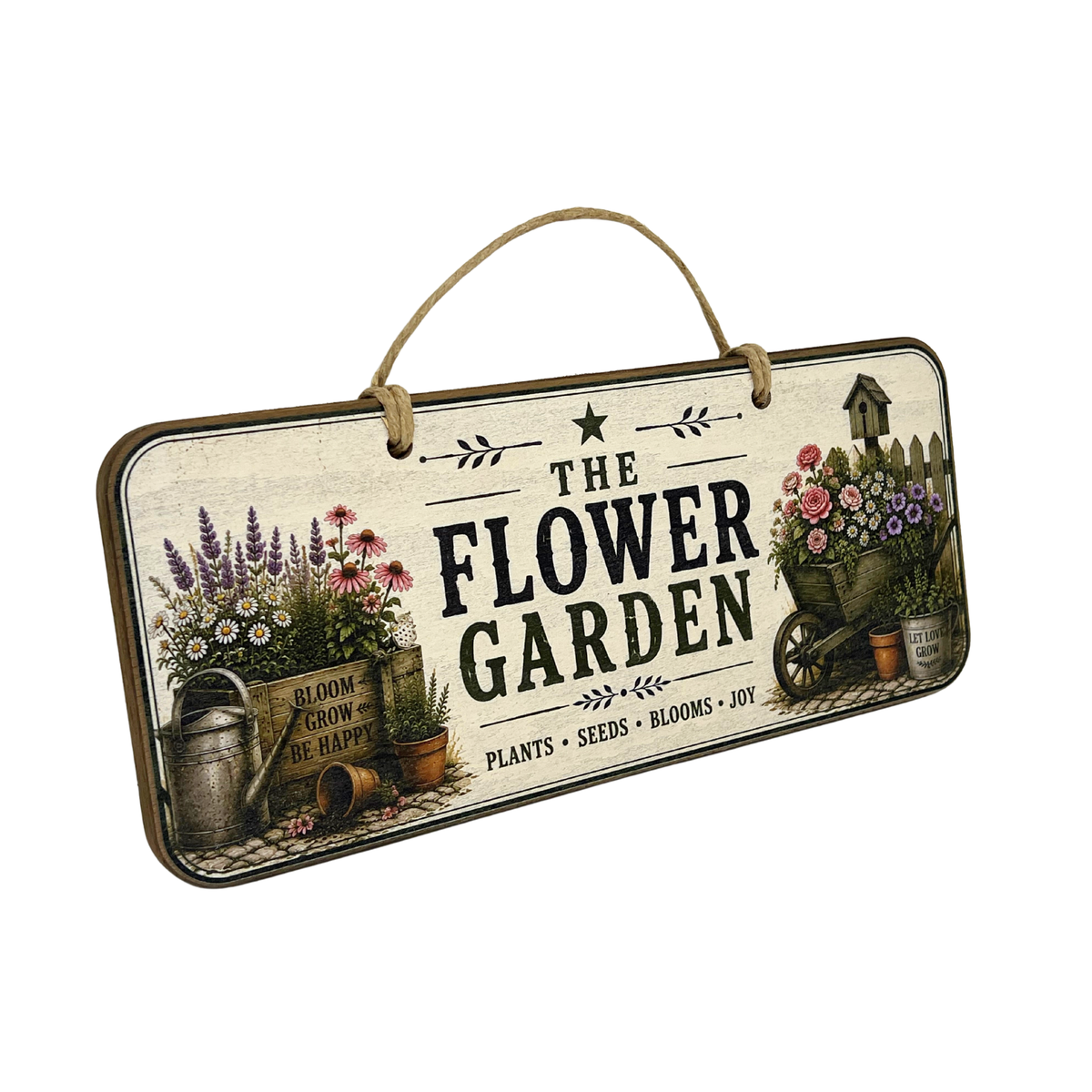 A rectangular hanging wooden sign with a rope handle, featuring the words “THE FLOWER GARDEN” in large black letters. The sign has a distressed cream background and is decorated with vintage-style illustrations of flower pots, plants, seeds, and gardening tools on both sides.