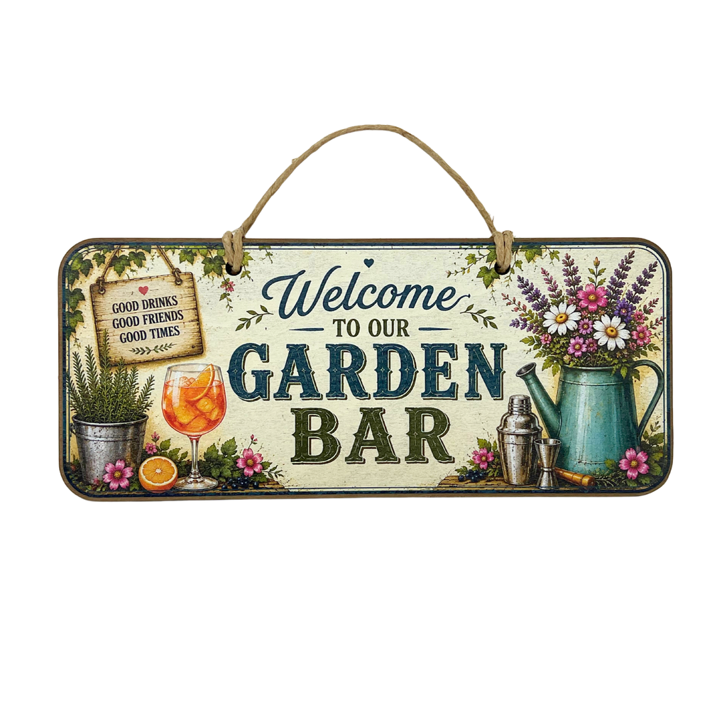 A rectangular hanging garden sign with a rustic twine handle, featuring the text 'Welcome to our Garden Bar' in blue and green lettering. The sign is decorated with illustrations of a teal watering can, a glass of orange cocktail, potted plants, flowers, and bar tools on a cream-colored background.