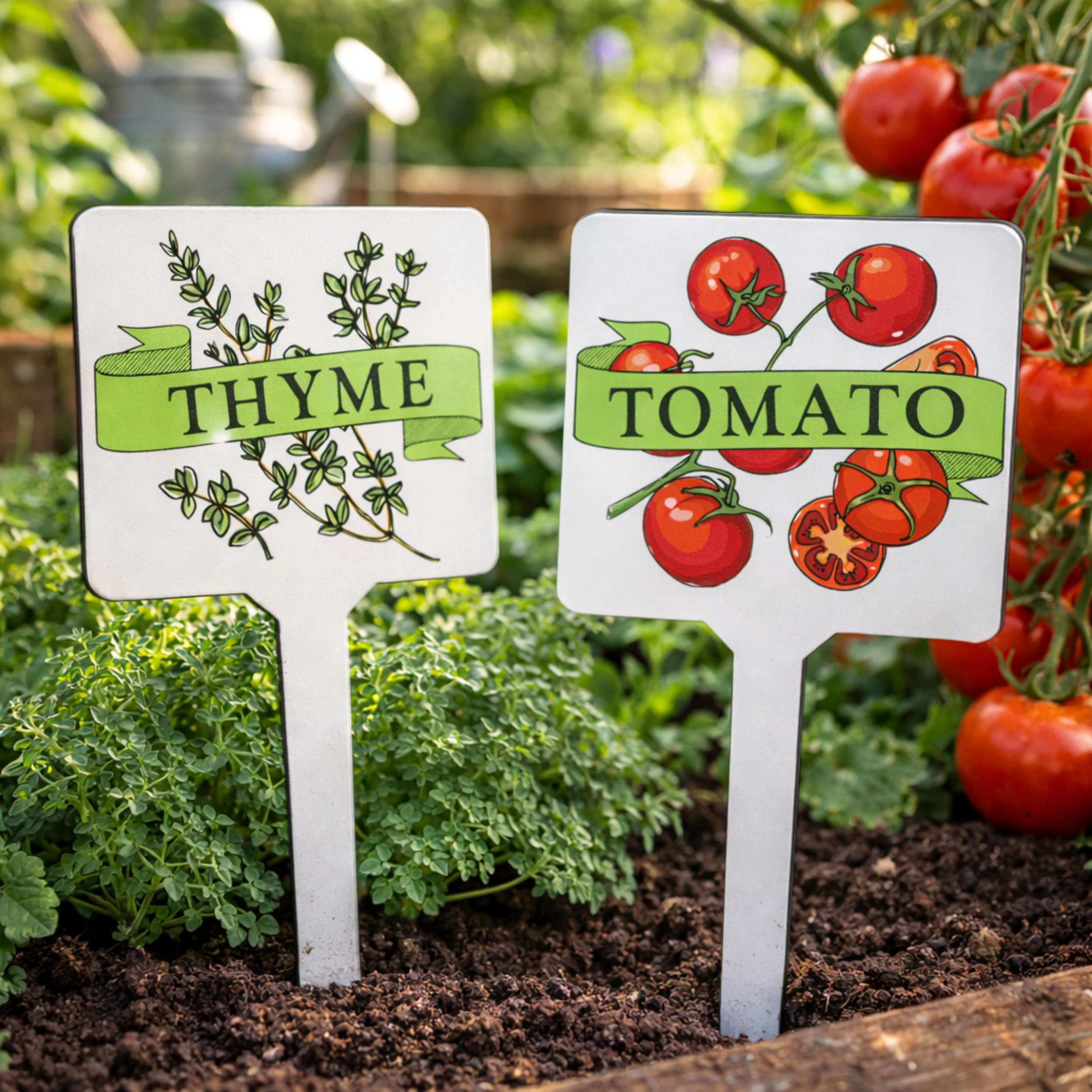 plant markers with illustrations and text labelling the thyme and tomato plants in a garden setting