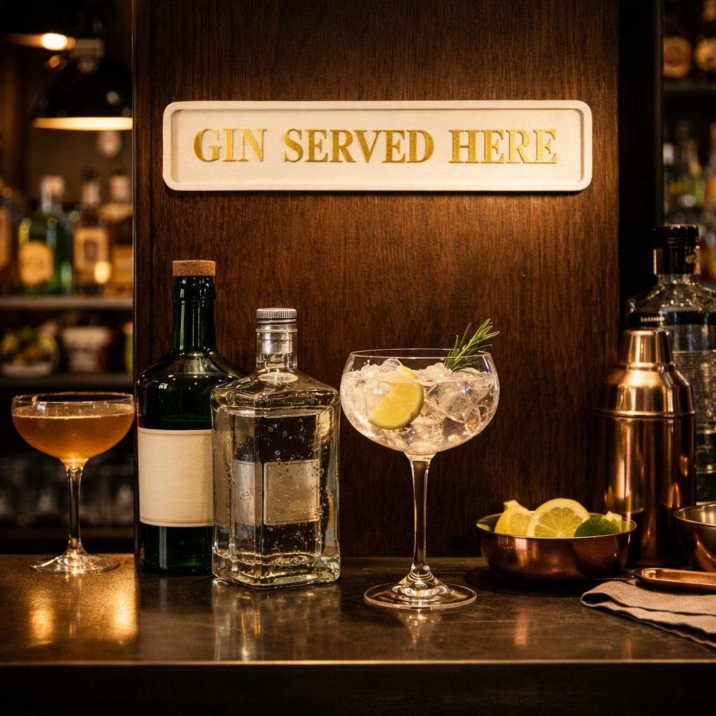 Bar setup with gin bottles and cocktails, featuring a 'Gin Served Here' sign.