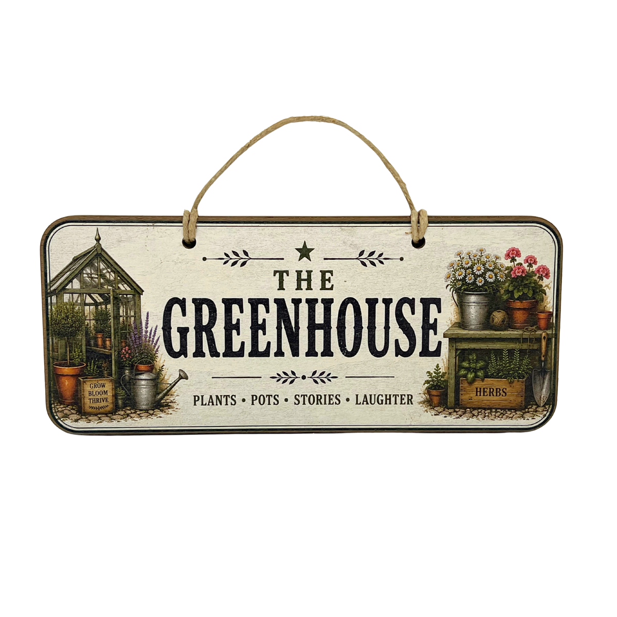 A rectangular hanging wall sign with a rustic vintage design. The sign has a cream background with a dark metal border and a natural jute hanging loop.