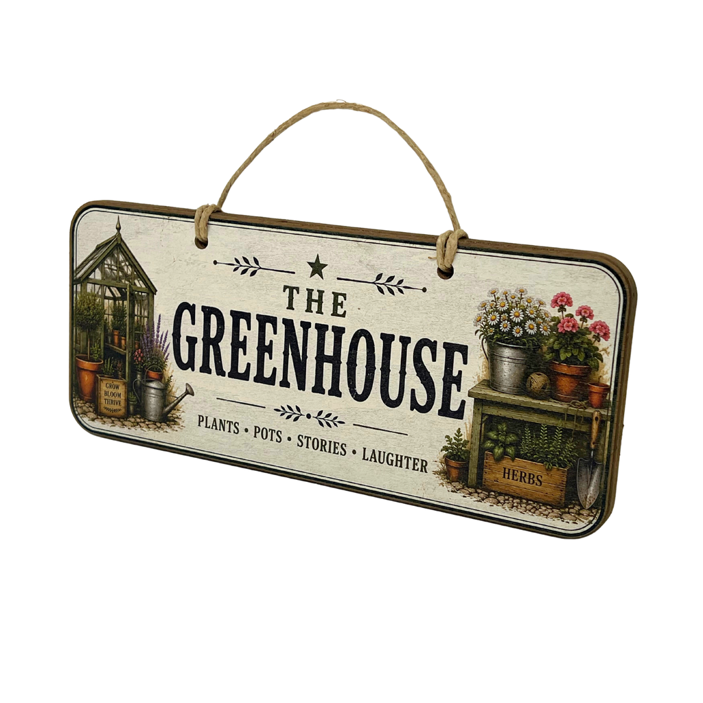 A rustic hanging wooden sign with a rope handle, featuring the words “THE GREENHOUSE” in large black letters, with illustrations of a greenhouse, plants, pots, flowers, and a herb crate on a distressed cream background.