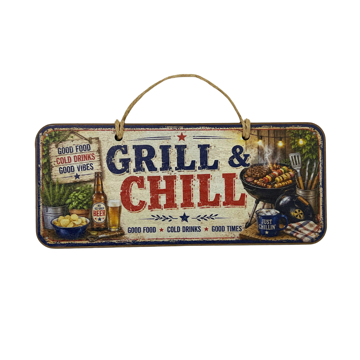 A rectangular hanging wooden sign with a rustic weathered design featuring the words 'GRILL & CHILL' in large red and blue letters. The sign includes illustrated food and drink scenes, including a beer bottle, chips, and a barbecue grill, and is suspended by a rope handle against a plain white background.