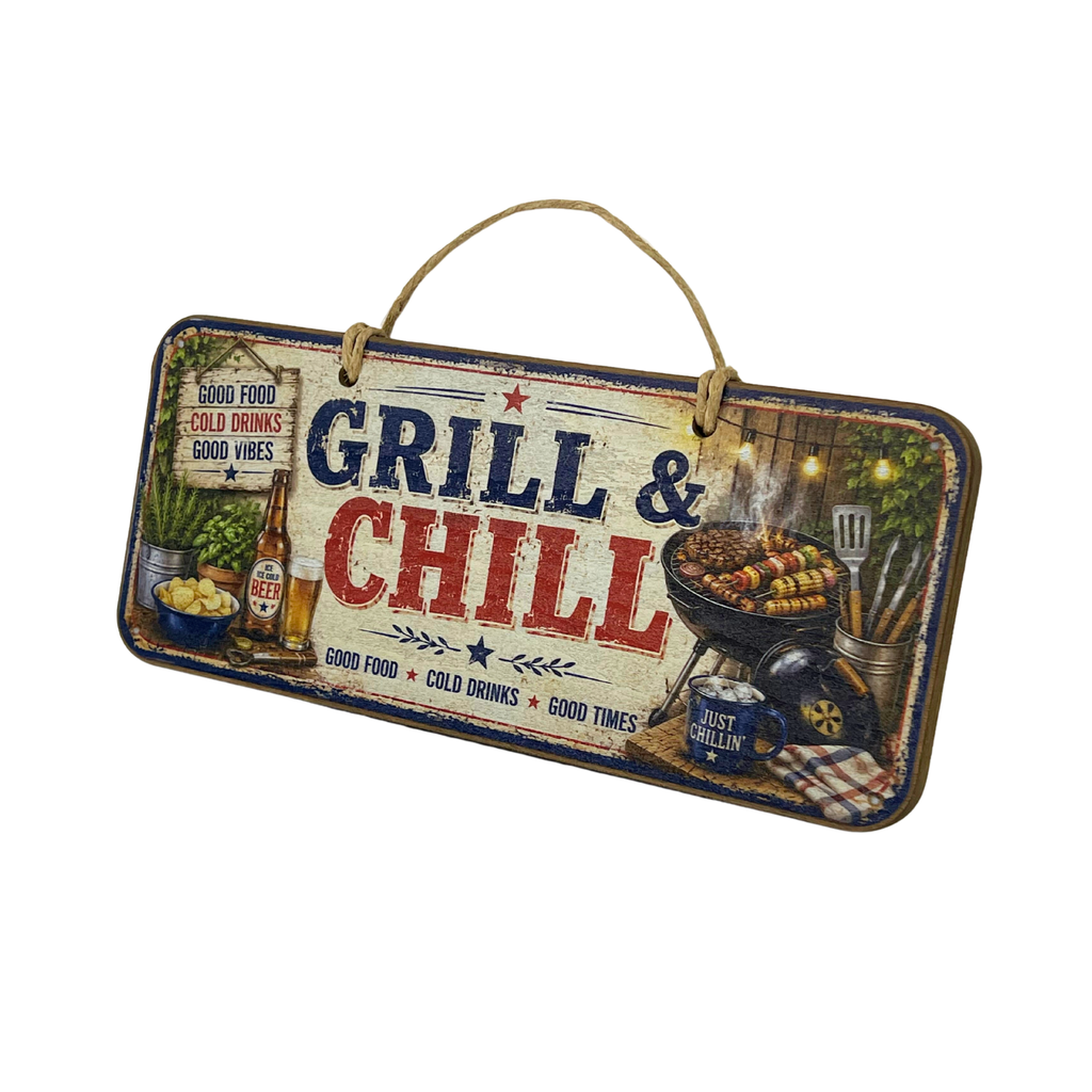 A rectangular hanging wall sign with a rustic distressed finish, featuring the words 'GRILL & CHILL' in large red and blue letters. The sign includes illustrated barbecue grilling accessories such as a grill, beer bottle, mug, and utensils, and is suspended by a natural jute rope handle against a plain white background.