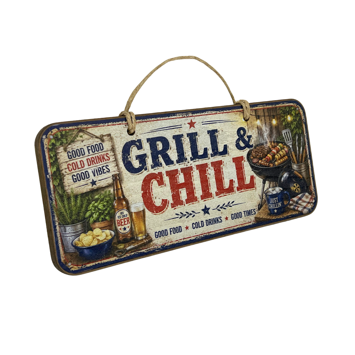 A rectangular rustic wooden wall sign with a hanging rope handle, featuring the words 'GRILL & CHILL' in large red and blue lettering, surrounded by barbecue-themed illustrations including a grill, beer bottle, chips, and herbs on a white background.