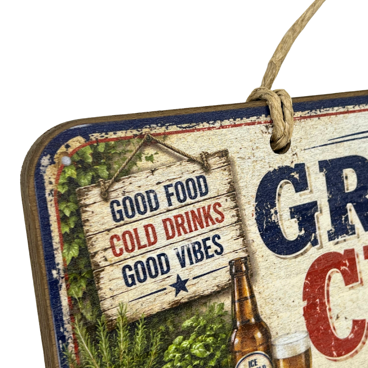 A rustic wooden hanging sign with a distressed vintage beer-themed design. The sign features a hanging wooden sign reading 'GOOD FOOD COLD DRINKS GOOD VIBES' in blue and red lettering, alongside illustrations of green hops, a brown beer bottle, and large blue and red letters on a cream background.