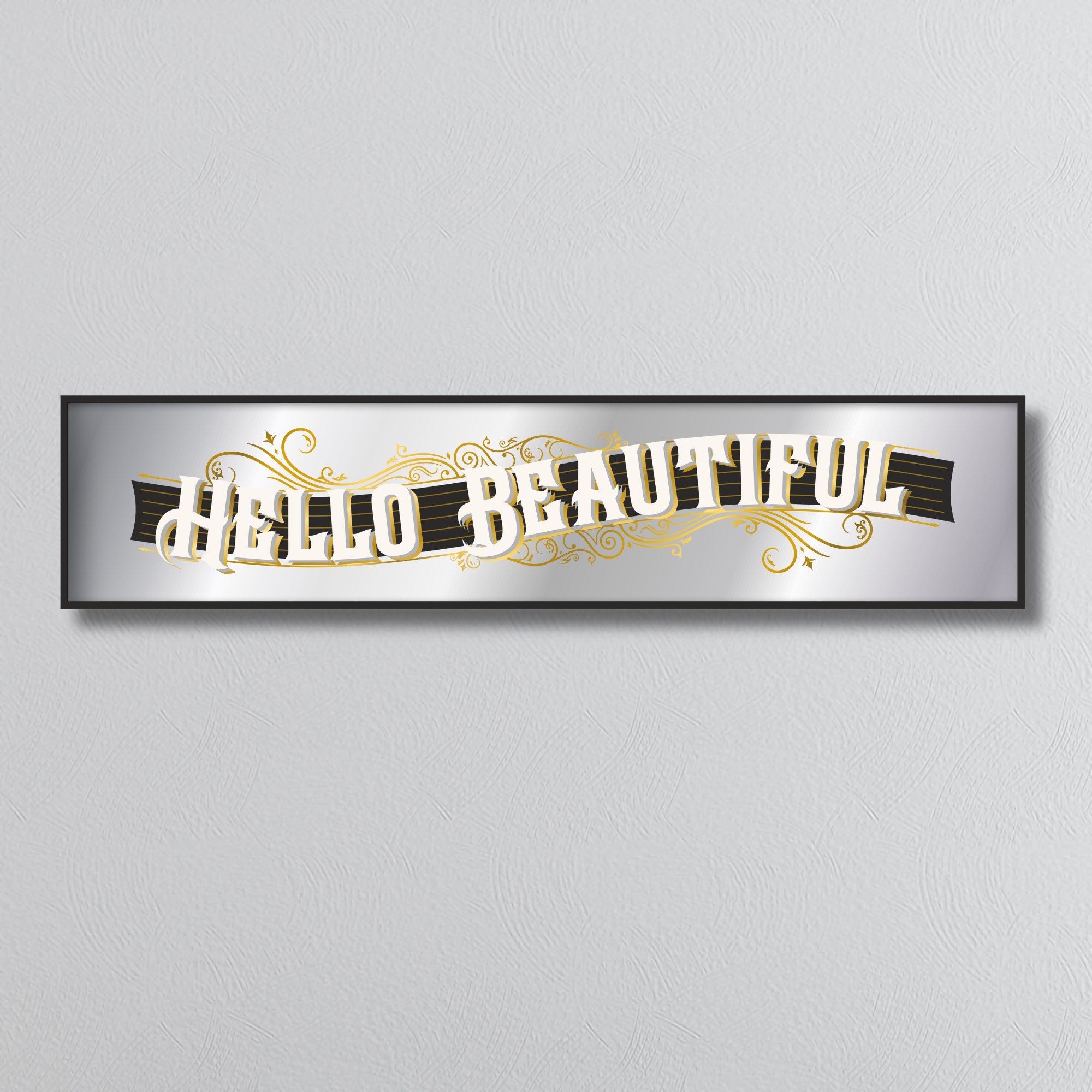 Decorative mirror sign with 'Hello Beautiful' art deco style text on a light gray background