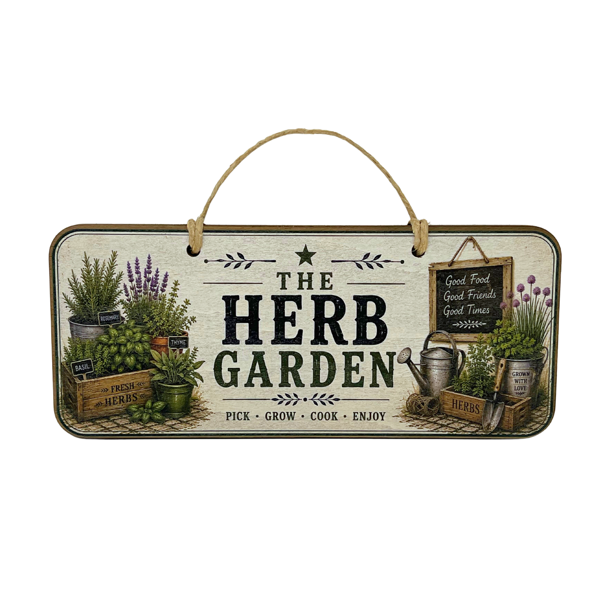 A rectangular hanging wooden sign with a rope handle, featuring the words “THE HERB GARDEN” in large black letters. The sign is decorated with illustrations of potted herbs, a watering can, crates labeled fresh herbs, and smaller text reading “PICK • GROW • COOK • ENJOY.