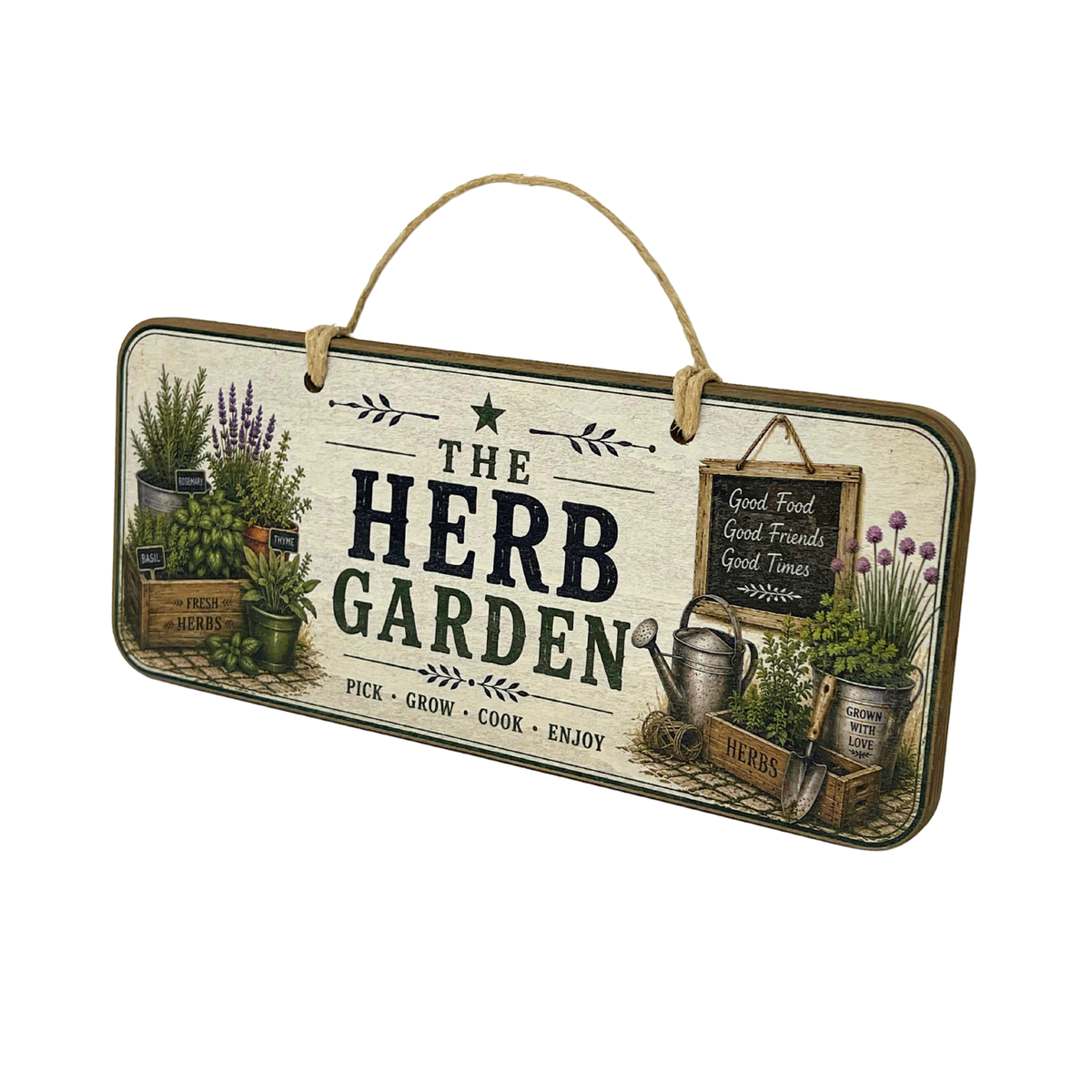 A rectangular hanging wooden sign with a rustic herb garden theme. The sign features a cream background with dark green and black text reading 'THE HERB GARDEN', illustrated plants, pots, a watering can, and small chalkboard-style accents, all framed by a dark border.