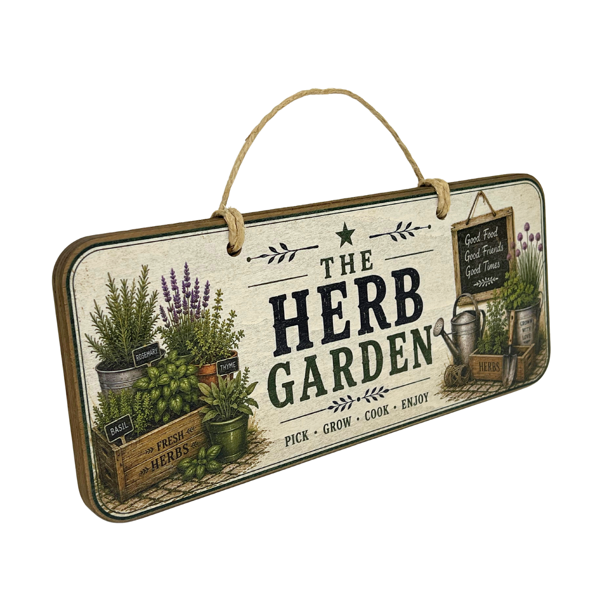 A rectangular hanging wall sign with a rope handle, featuring the words “THE HERB GARDEN” and illustrated plants, pots, crates, and gardening tools on a cream background.