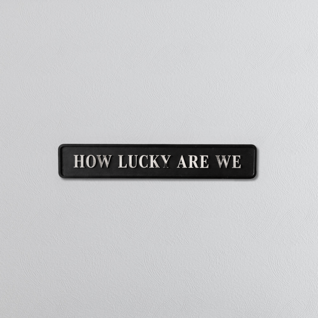 Black decorative sign with HOW LUCKY ARE WE silver text 