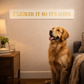 Dog sitting in a living room with a humorous sign above it 'I licked it so its mine'