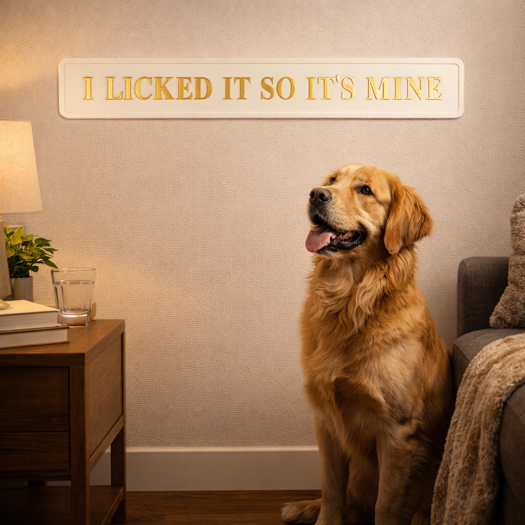 Dog sitting in a living room with a humorous sign above it 'I licked it so its mine'