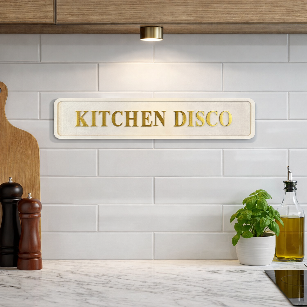 Decorative sign with 'KITCHEN DISCO' text in a modern kitchen setting.