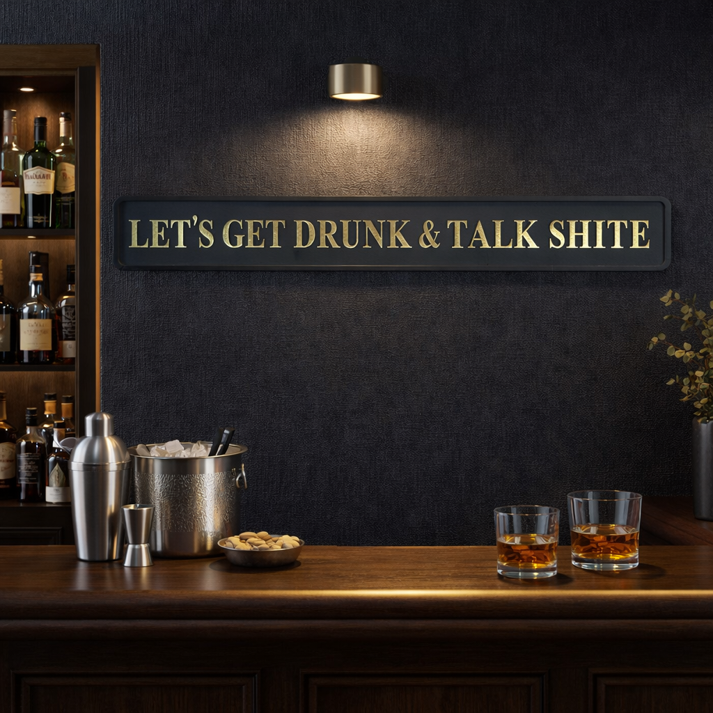 Bar setup with drinks and a humorous sign 'LETS GET DRUNK & TALK SHITE' on a dark wall.