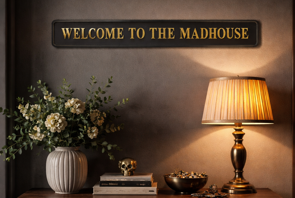 Black and gold foiled street sign with "welcome to the madhouse" wording in a stylish, cosy setting