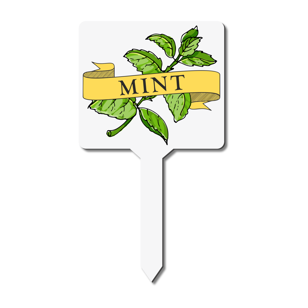 White plant label with green mint leaves and a yellow banner reading 'Mint' on a white background