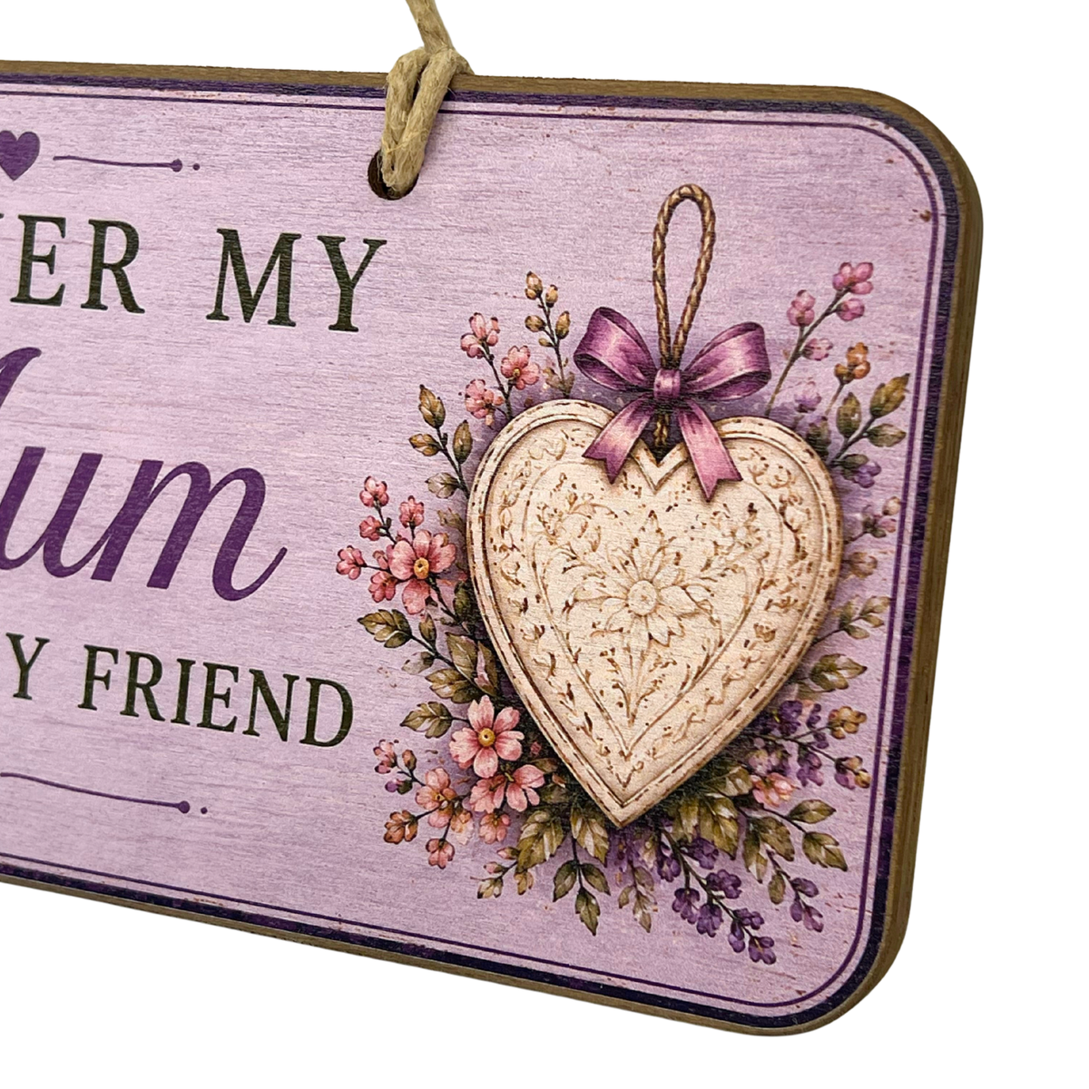 A rectangular wooden hanging sign with rounded corners, featuring a lavender-painted distressed background and partial text reading '.