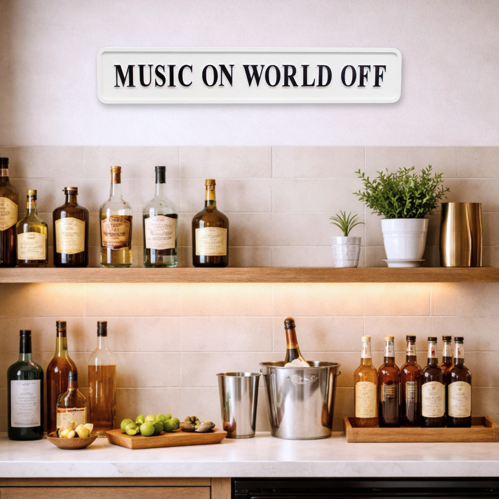 Bottles on a shelf with a decorative sign above saying MUSIC ON WORLD OFF set against a tiled wall.