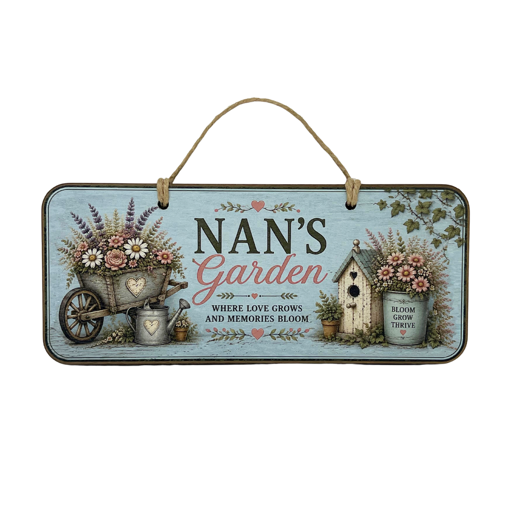 A rectangular hanging wooden sign with a rustic design for 'Nan's Garden'. The sign features a light blue weathered wood background with illustrations of a flower cart, a watering can, a small birdhouse, and potted flowers.