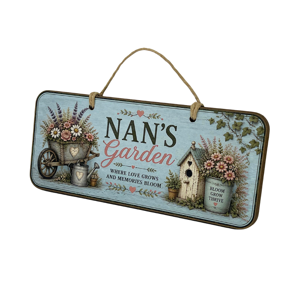 A rectangular hanging wall sign with a rustic vintage design for 'Nan's Garden'. The sign has a light blue distressed background, featuring illustrations of a flower cart, a birdhouse, and potted flowers, along with decorative text.