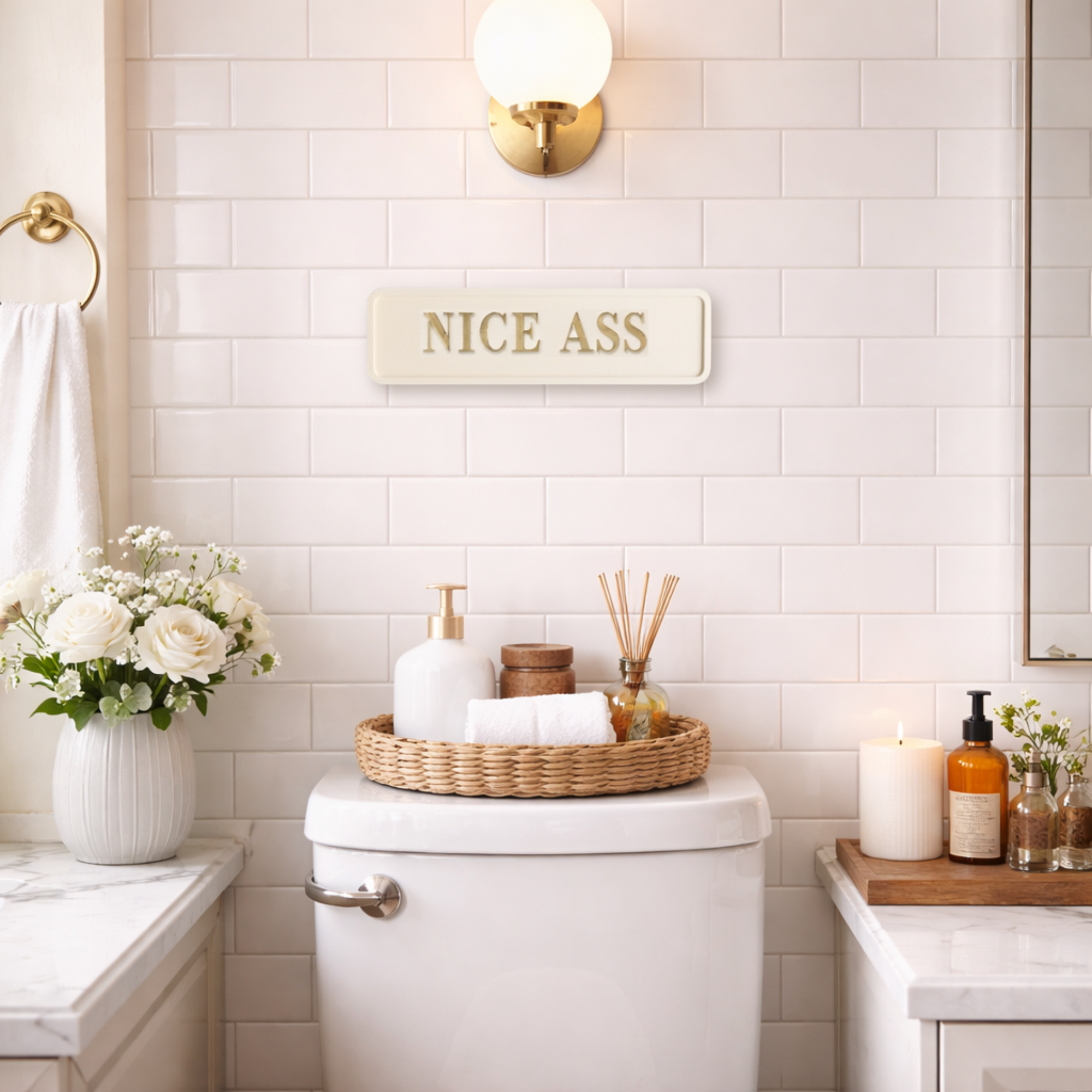Cream and gold decorative sign with the words 'NICE ASS' displayed in a stylish bathroom